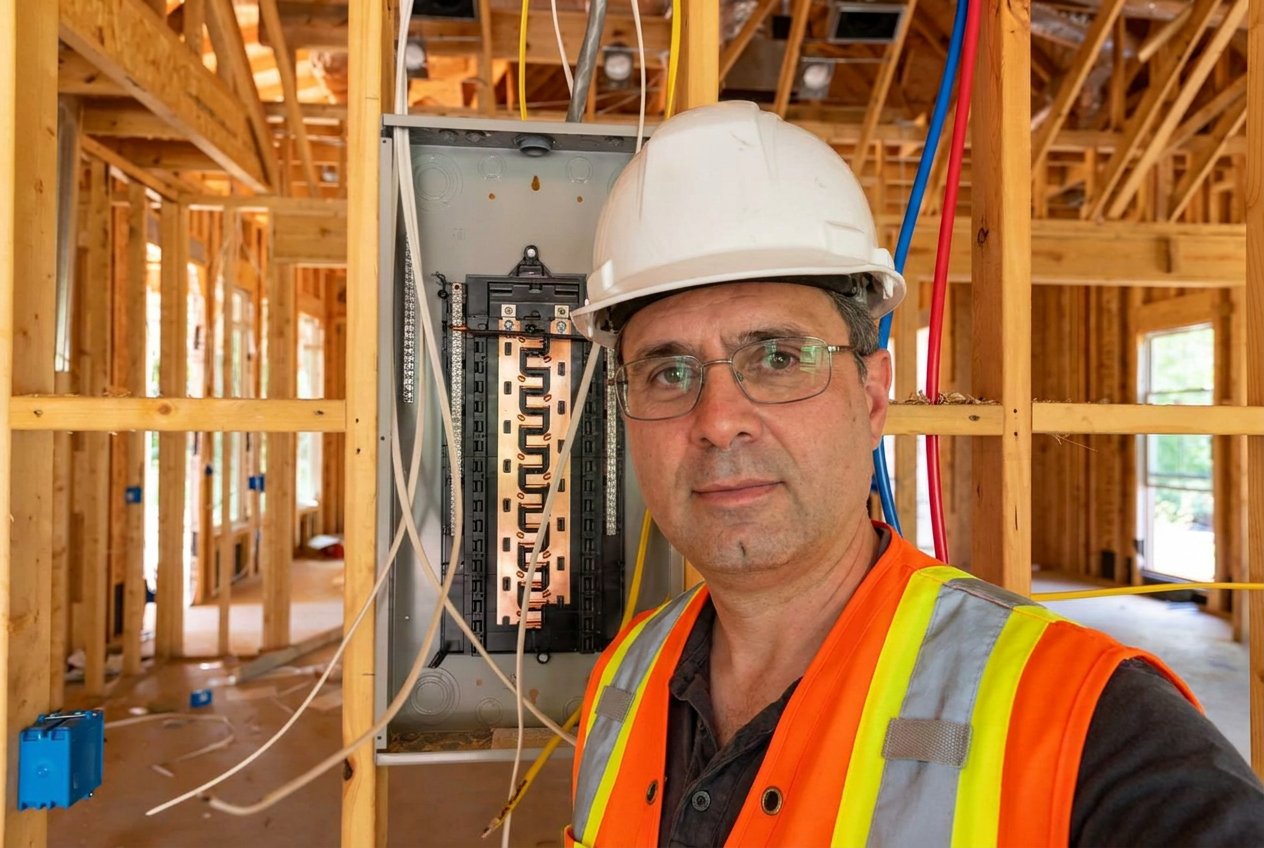 Farhang Barzin, founder of ESS Inc., on a job site next to an open electrical panel